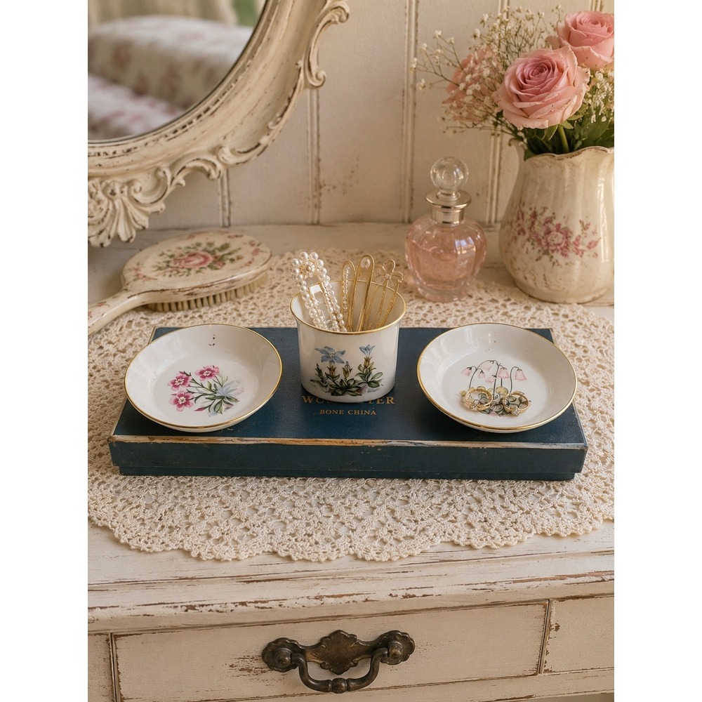 Royal Worcester Bone China Floral Vanity Set Trinket Dishes & Holder Vintage